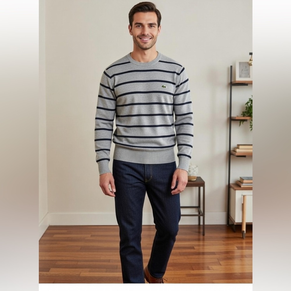 Lacoste Vintage Gray Black Striped Pull Over Sweater Cotton Sz 6
